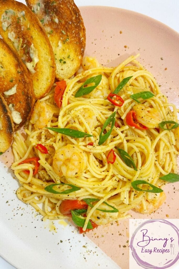 Shrimp Scampi pasta plated