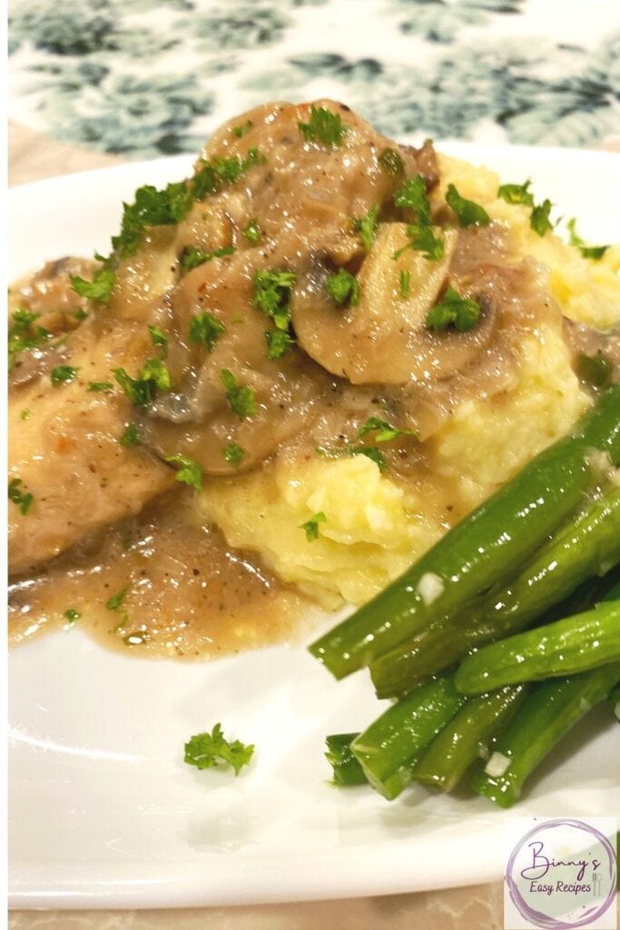 Instant Pot Chicken Marsala Served with mashed potatoes and beans